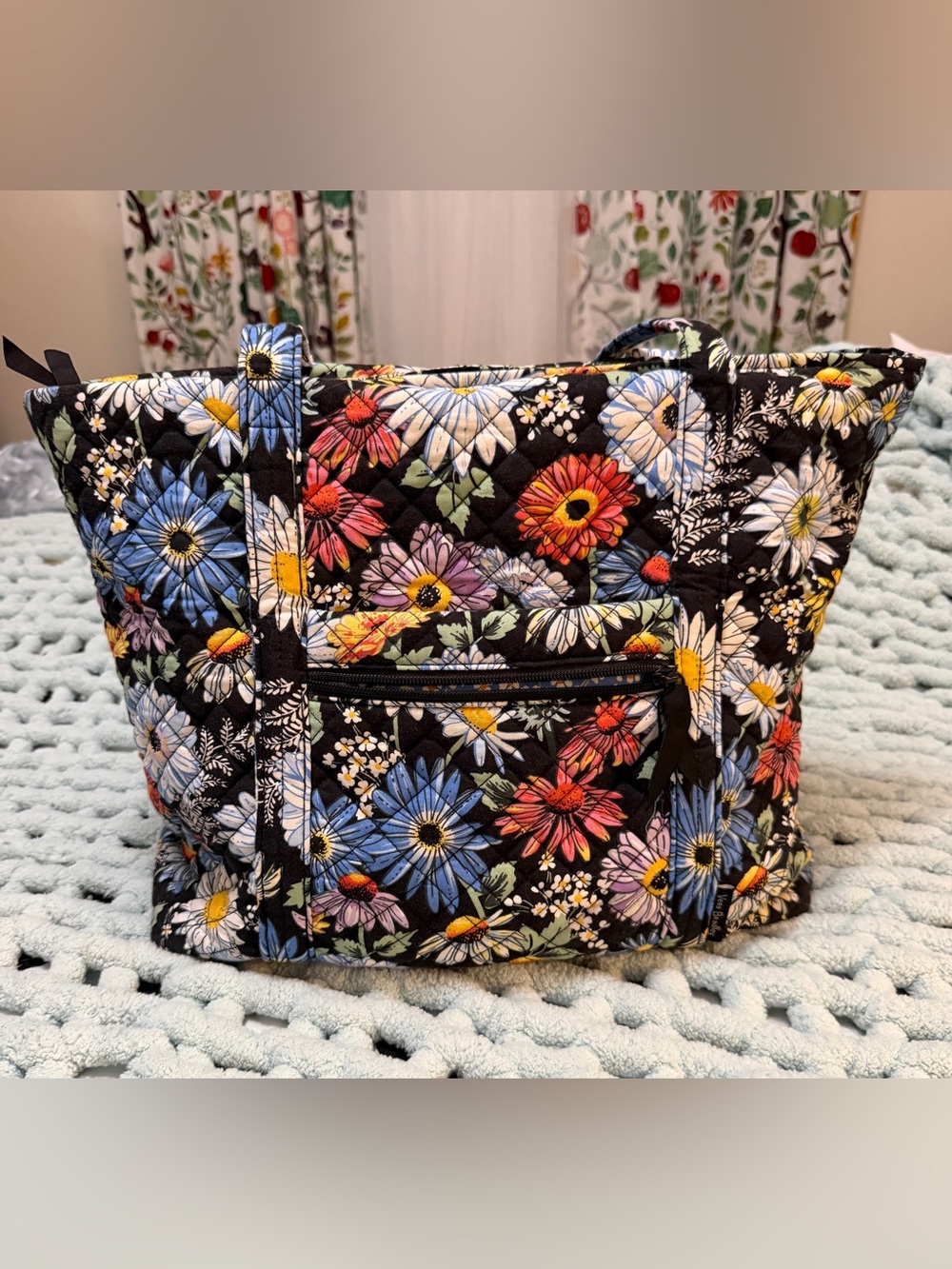Vera Bradley Black Quilted Floral Tote with Multi-Color Blooms Great Condition
